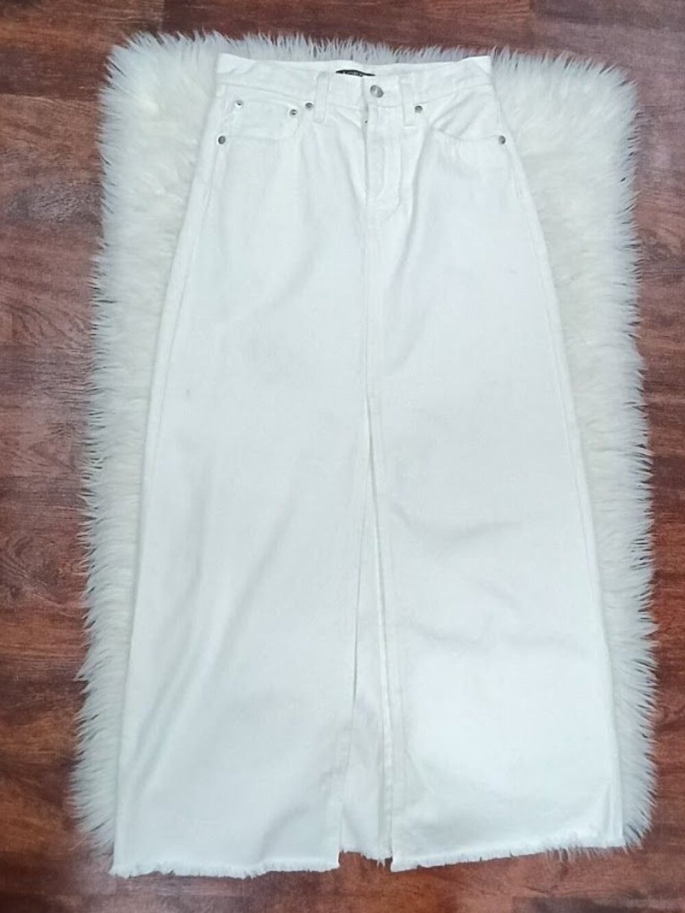 J.Crew White Denim Maxi Skirt 24 High Slit Modesty Frayed Hem Preppy Clean - Picture 4 of 14